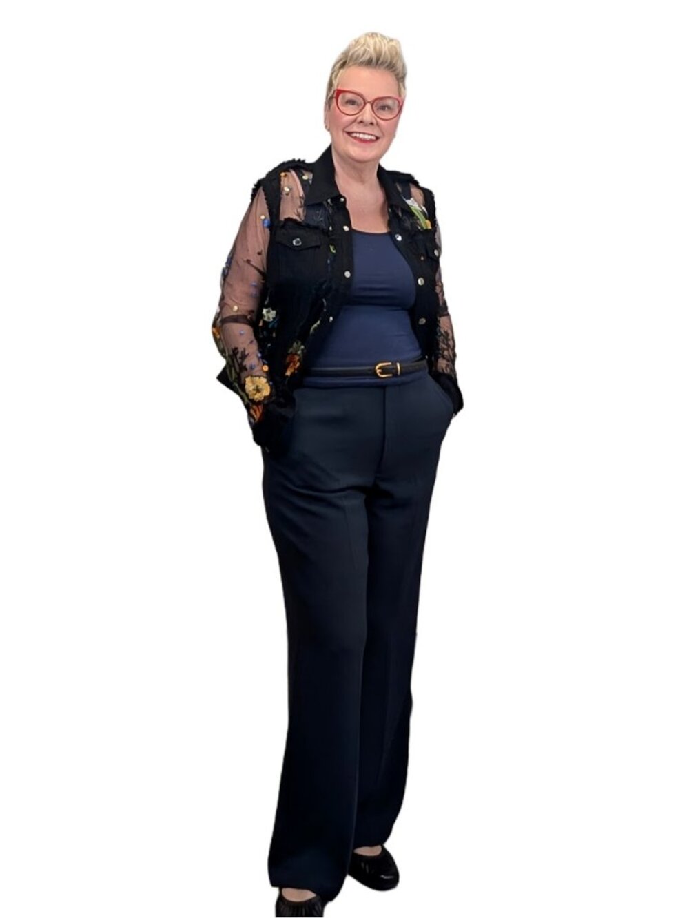 ADORE Black Denim with sheer floral embroidered panels & sleeves - Women's Large